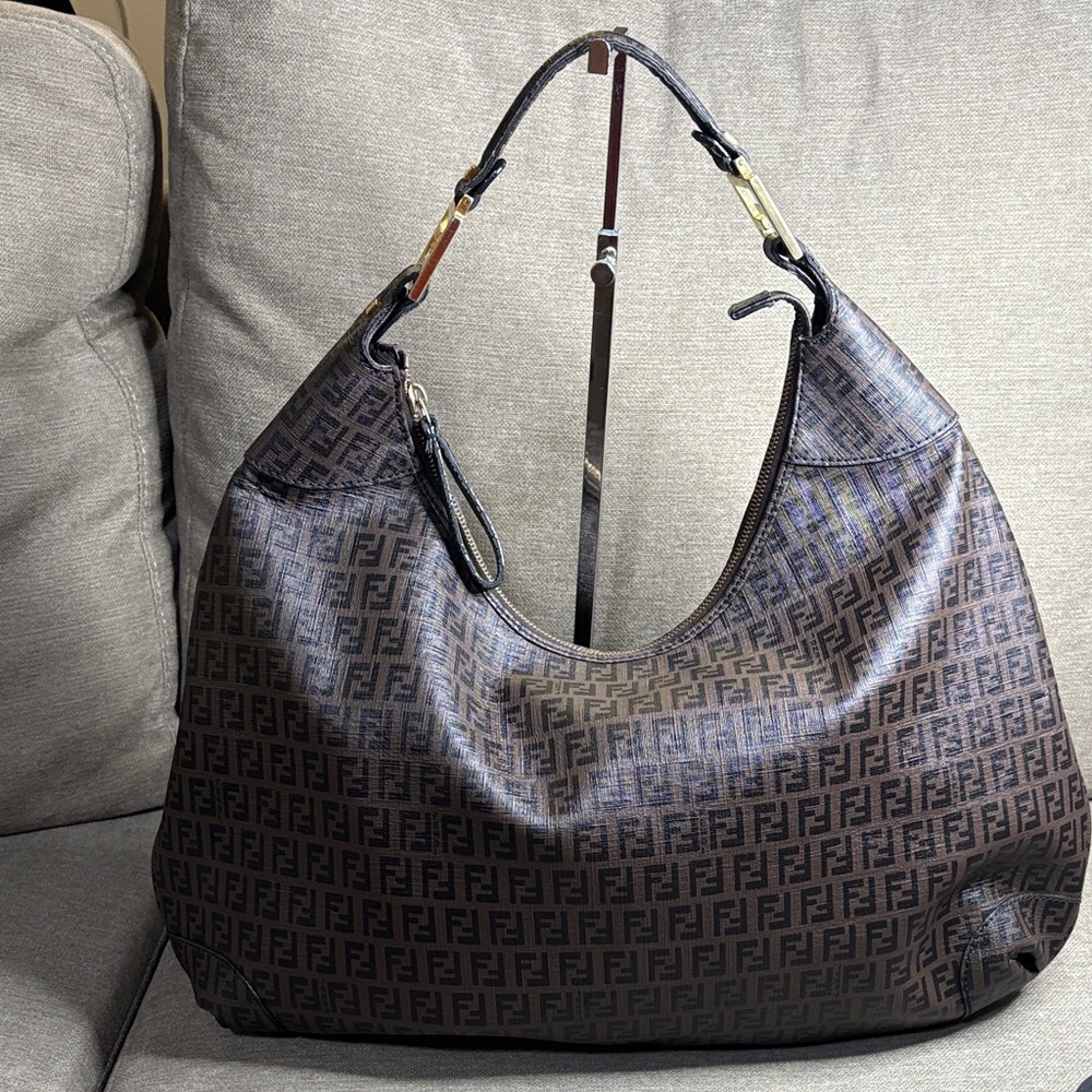 Authentic Fendi Dark Brown Zucchino FF Logo Hobo Bag with Gold-Tone Accents - Picture 4 of 15